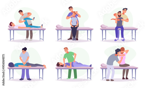 Orthopedist. Medical treatment bones chiropractors working with patients exact vector illustrations in cartoon style