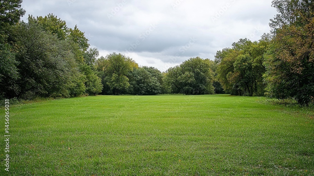 Vibrant Green Meadow Under Cloudy Sky, woodland , greenspace Vibrant Green Meadow Under Cloudy Sky, woodland , greenspace