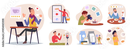 People food. Drinks and food culinary experts of cuisine products persons testing food and drinks exact vector concept pictures set in cartoon style