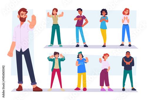 Negative gestures. Emotional persons using hands gestures exact vector rejection signs