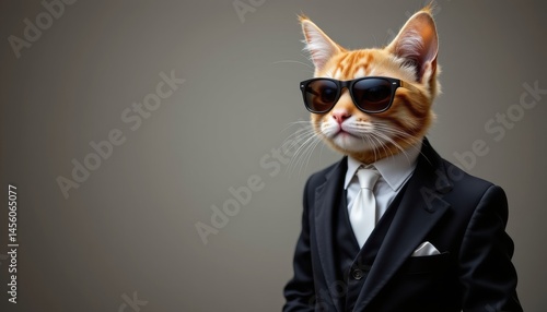 a stylish feline dressed to impress in a sleek black suit with a crisp white tie, topping off the look with a pair of trendy sunglasses.