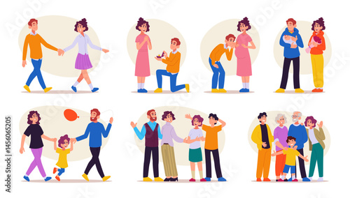 Growing family. Happy couples relationship stages from pregnancy to elderly lifestyle exact vector people set in cartoon style