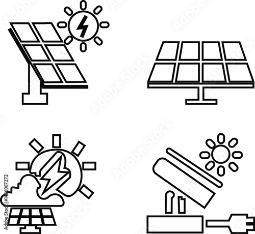 Solar panel icon set. power energy. electricity Simple renewable energy solutions cells icon Home, roof pattern. Sun energy battery. environmentally friendly, editable stroke transparent background