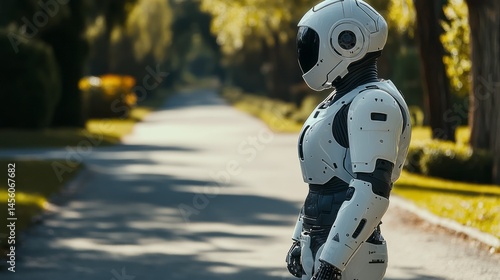 Futuristic robot figure standing outdoors on a paved pathway.