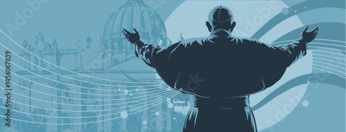 Blessing pope seen from behind, papal election, conclave – banner, poster, vector illustration