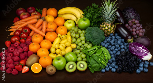 Vibrant Rainbow Array Of Fresh Fruits And Vegetables For Healthy Lifestyle