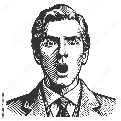 surprised man with wide eyes and hands on his face, expressing shock or amazement sketch engraving generative ai fictional character vector illustration. Scratch board imitation. Black and white image