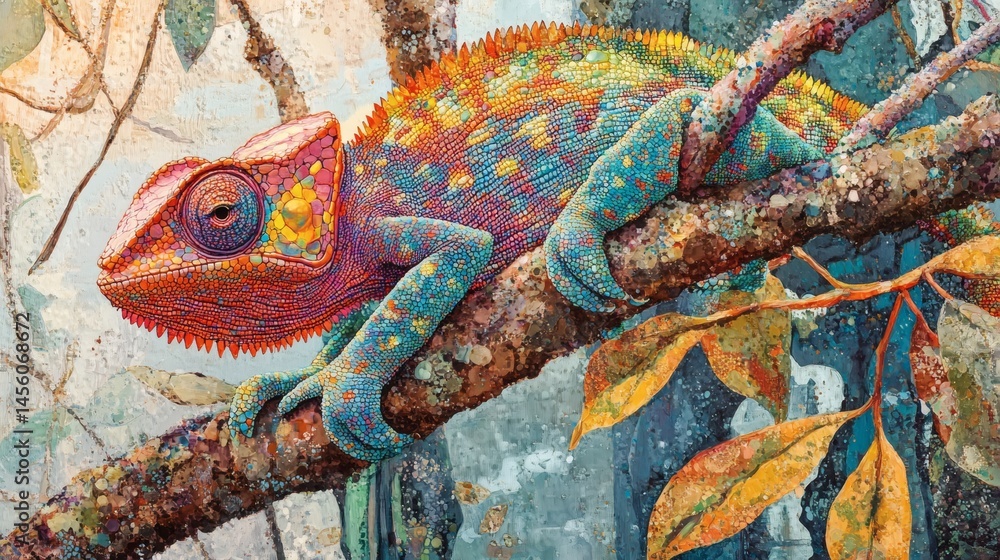 Colorful chameleon on branch, rainforest background, nature art