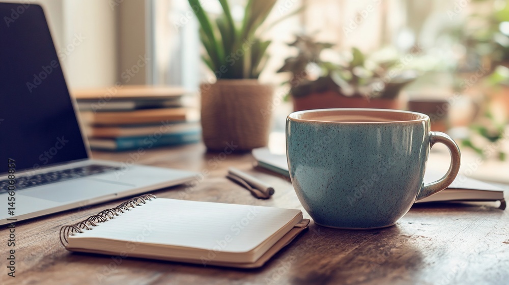 Work from home setup with laptop, notebook and coffee on a wood desk Work from home setup with laptop, notebook and coffee on a wood desk