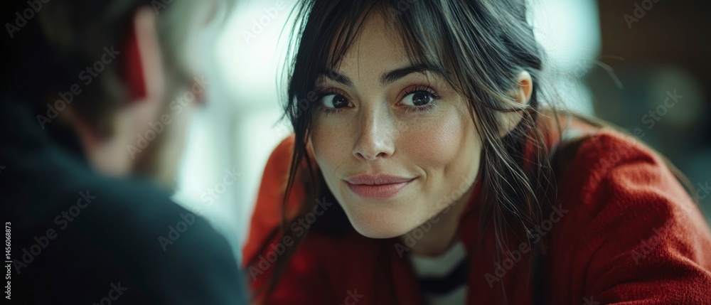 Fototapeta premium Brunette woman, sporting dimples, looks into the camera as she converses at a table with a man, exhibiting a candid, intimate moment.