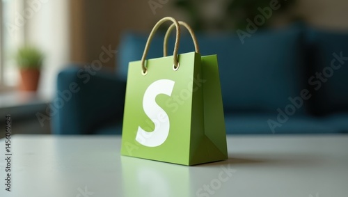 Shopify Developer. Green bag. White letter. Studio shot. Paper materi