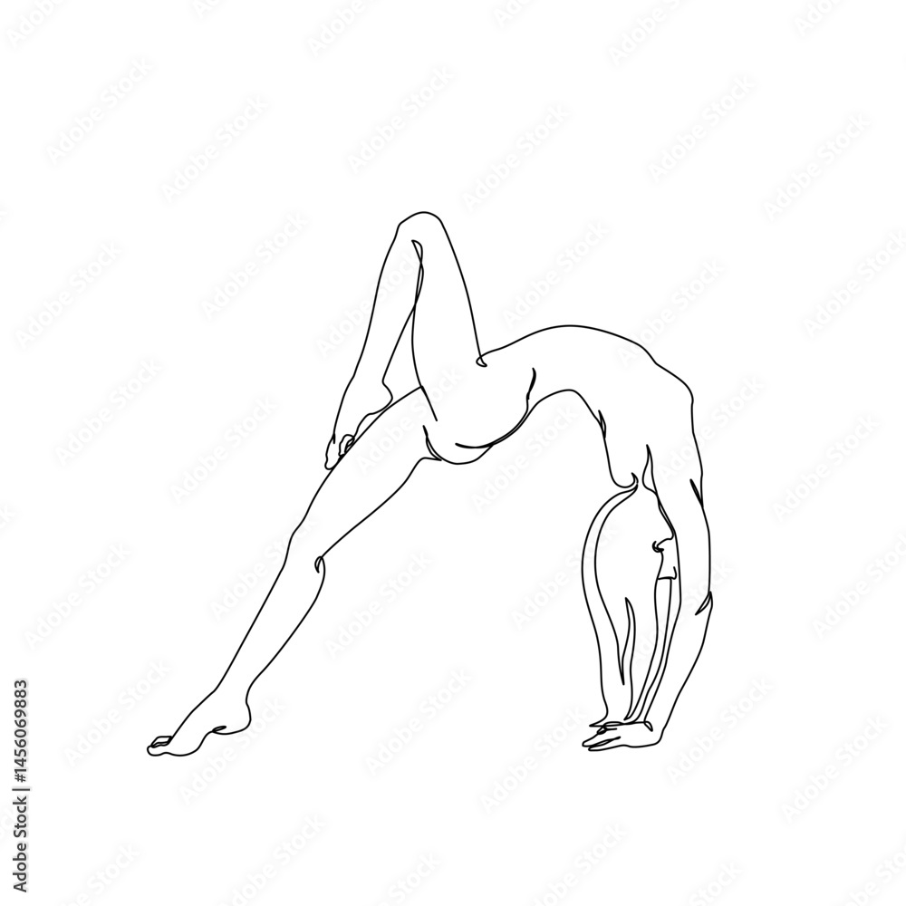 Abstract pose of a young woman continuous line art drawing doing sport, stretching, yoga. Body freedom concept. Minimal poster print art. Trendy one line draw design vector graphic illustration Abstract pose of a young woman continuous line art drawing doing sport, stretching, yoga. Body freedom concept. Minimal poster print art. Trendy one line draw design vector graphic illustration