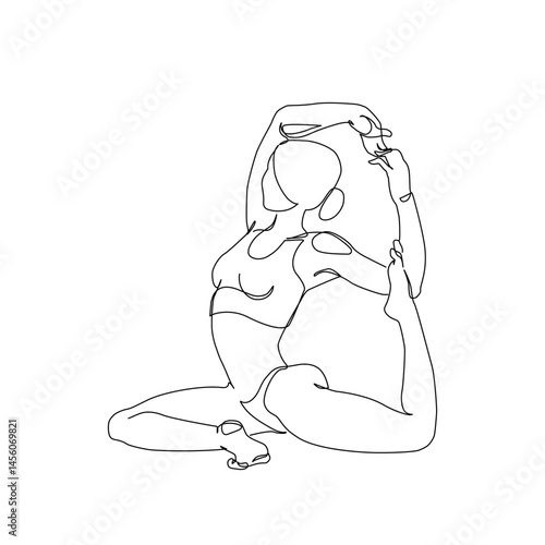 Abstract pose of a young woman continuous line art drawing doing sport, stretching, yoga. Body freedom concept. Minimal poster print art. Trendy one line draw design vector graphic illustration