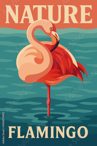 Standing Flamingo in Water Illustration with Nature Text Retro Style