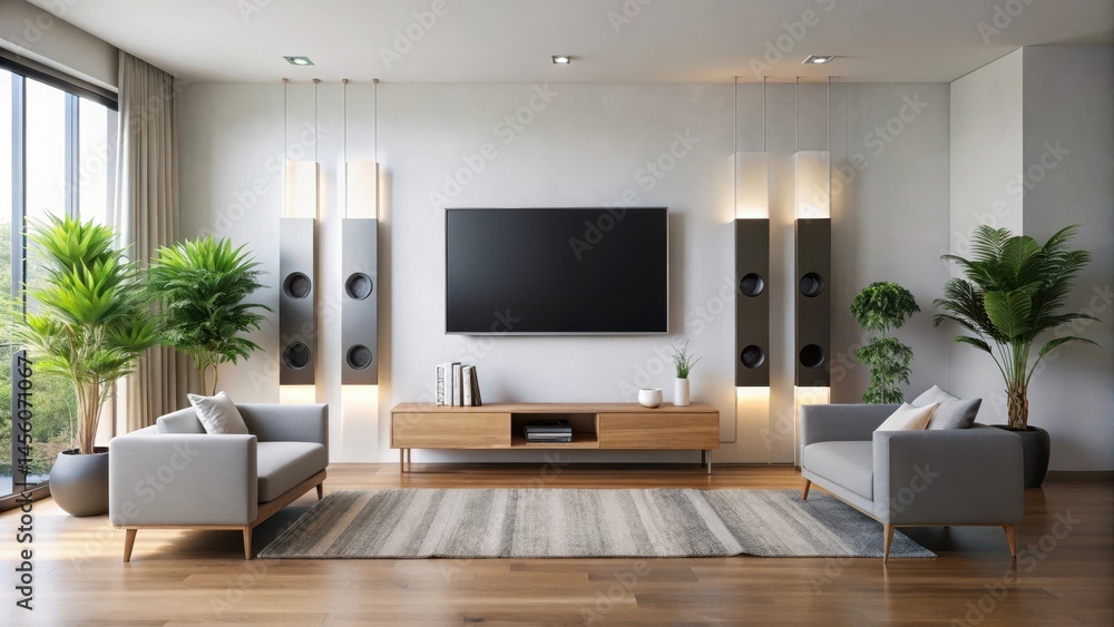 Fototapeta premium Minimalist living room with sleek stereo speakers and a large flat-screen TV on the wall , interior design, modern home decor