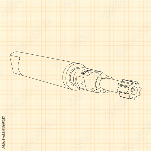 Mechanical engineering drawings. Tap tools, borer. Technical Design. Cover. Blueprint. Step Cutting Tool with Countersinking Function. Technical 3D Vector Illustration