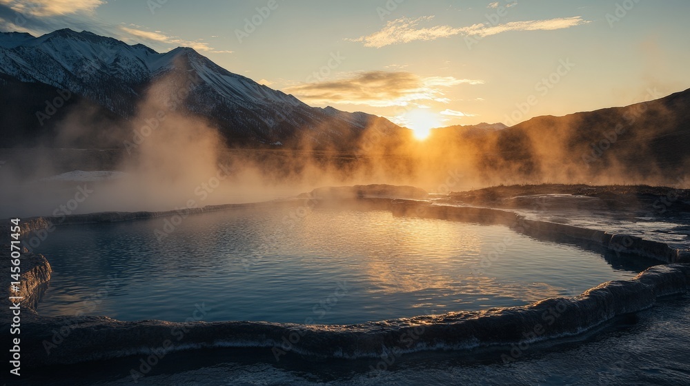 Serene hot spring at sunrise with misty mountain horizon Serene hot spring at sunrise with misty mountain horizon