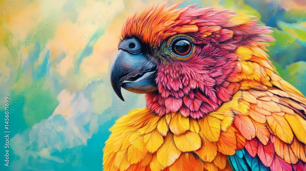 Colorful parrot portrait, vibrant plumage, jungle background, nature illustration