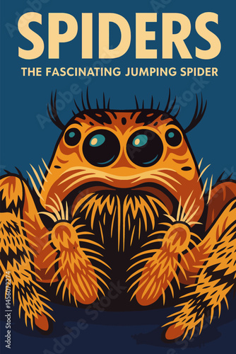 Illustrated Jumping Spider Graphic with Detailed Features on Blue Background