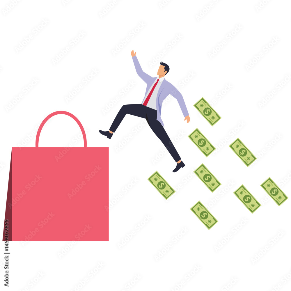 A businessman jumps over a large shopping bag and money scatters behind him. Illustration of overspending, big spending, too much shopping