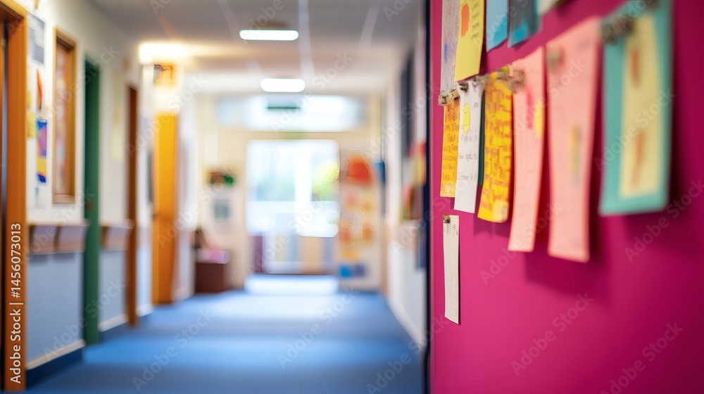Colorful school hallway, children's artwork, education, learning environment, back-to-school