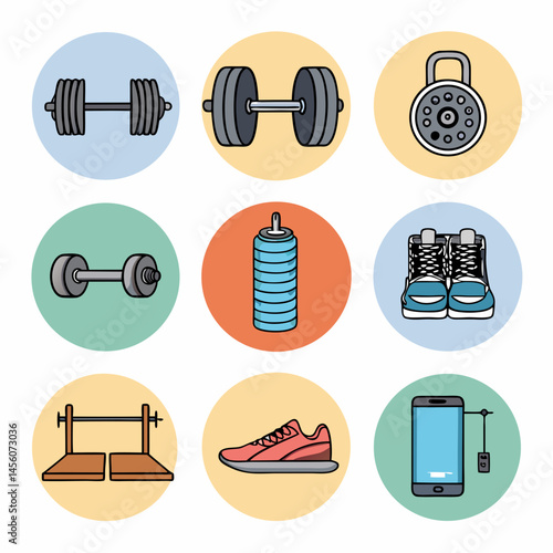 Fitness icons illustration featuring weights, shoes, and fitness equipment for health and exercise design