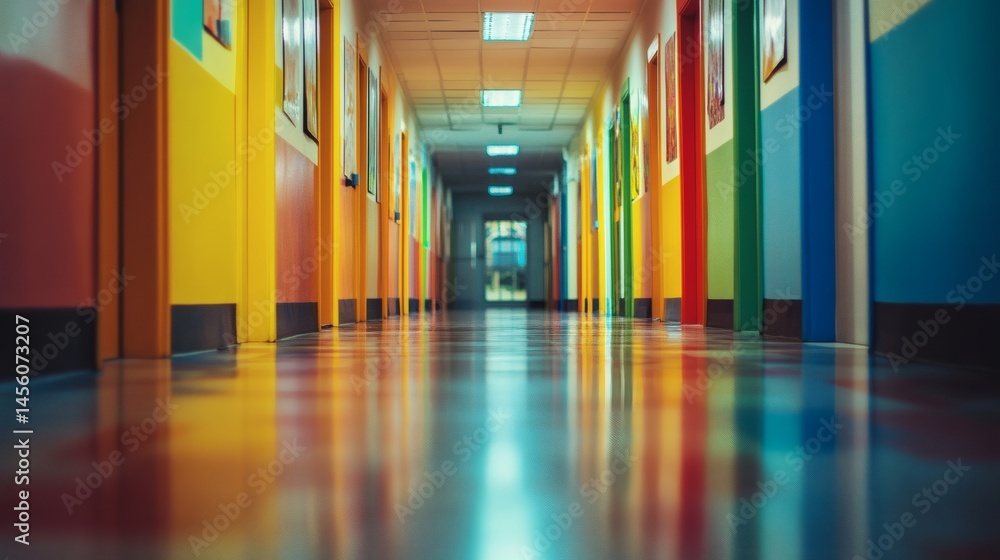 Colorful school hallway, children's education, bright walls, learning environment, classroom background