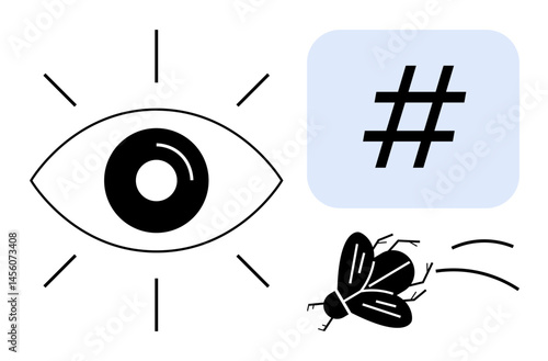 Eye with radiating lines, fly in motion, and metadata tag in a blue square. Ideal for vision, technology, social media, observation, attention, creativity or a simple landing page