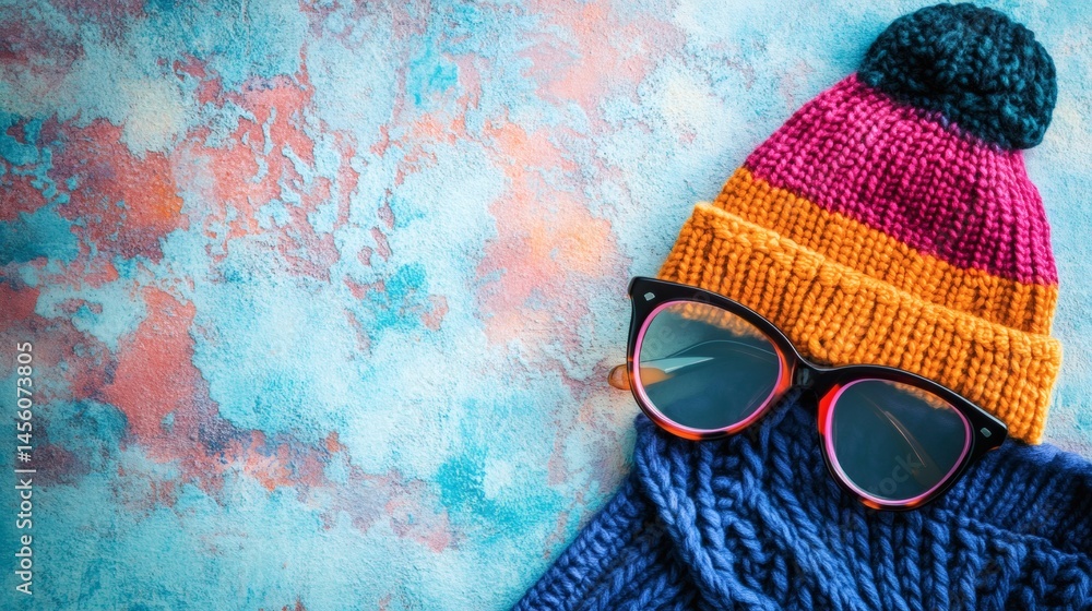 Colorful winter hat, scarf, sunglasses on textured background; winter fashion blog