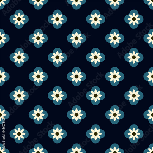 Cute flowers geometric motif basic pattern continuous background. Ornamental abstract floral shape tile modern fabric design textile swatch ladies dress, man shirt easy to recolor all over print block