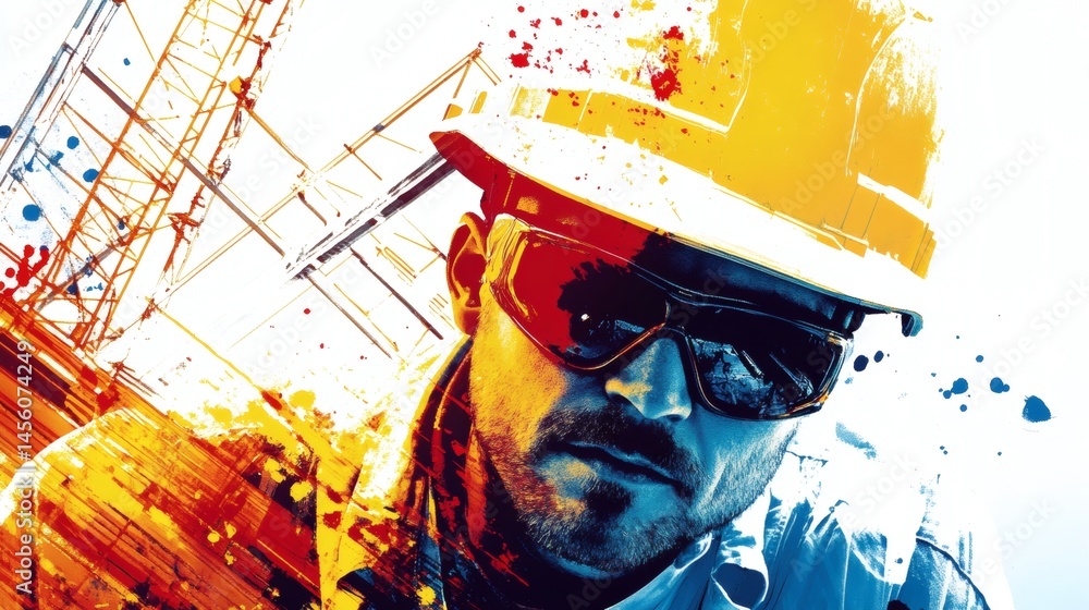 Construction worker, site, crane, safety gear, industrial background, construction project