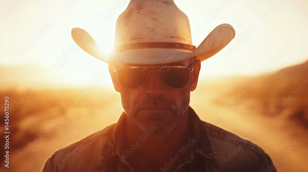 Cowboy sunset portrait, desert road, dust, western
