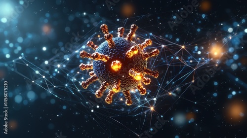 Abstract Representation of Evolving Microorganism with Illuminated Details Against a Dark Background in a Conceptual Style