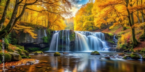 Golden hues of autumn leaves cascade into a serene and peaceful waterfall scene, surrounded by tall trees with vibrant foliage colors , woodland atmosphere, picturesque waterfall