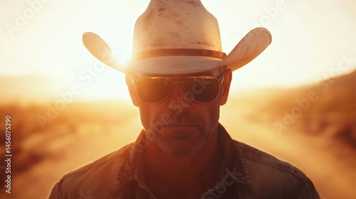 Cowboy sunset portrait, desert road, dust, western