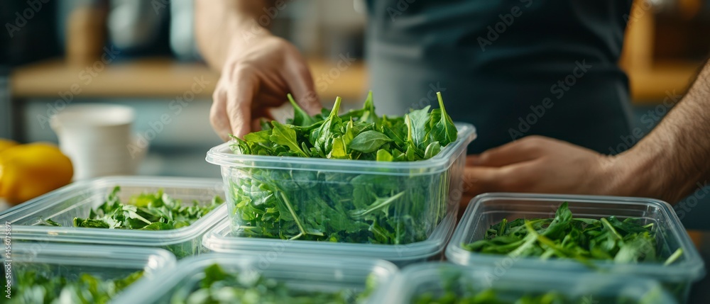 Person fills plastic containers with fresh arugula, preparing salad in kitchen. Person fills plastic containers with fresh arugula, preparing salad in kitchen.