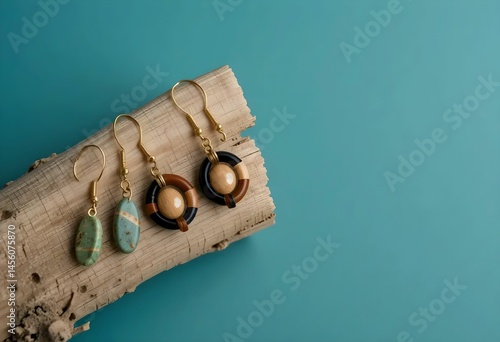 dangle earrings with flat and round beads displayed on driftwood with teal background
