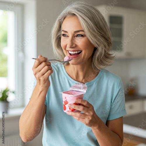 Smiling senior woman enjoying a cup of yogurt at home, healthy lifestyle and nutrition concept.