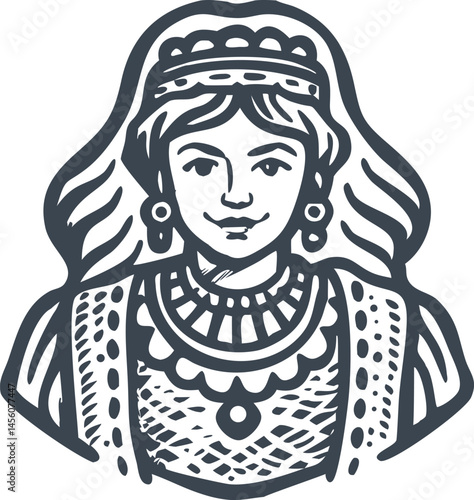 Ukrainian traditional costume with ornate headdress and floral embroidery, black and white woodcut style portrait of young woman in folk art

