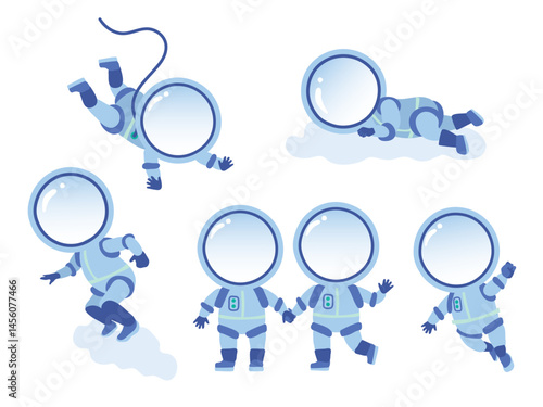 Set with astronauts in various poses, vector illustration