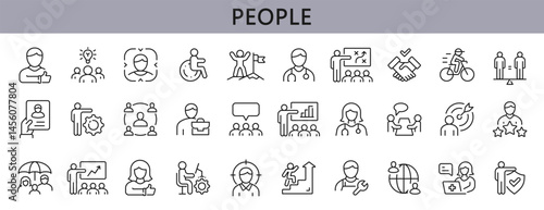 People line icons set with Teamwork, Community, Meeting, Handshake, Leader, Career and more. Editable Stroke