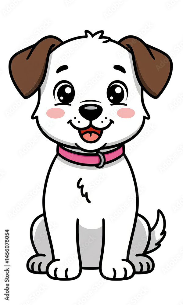 Naklejka premium Cute Cartoon Dog, White with Brown Ears, Pink Collar, Transparent Background