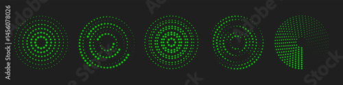 Set of green speed, sound waves dotted lines vector icons. Halftone circle graphic elements for design