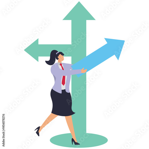 A businesswoman installs his own road sign. Illustration for making your own business path, career planning, skill development, professional way