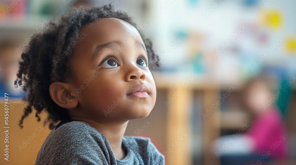 Curious toddler looking up in classroom