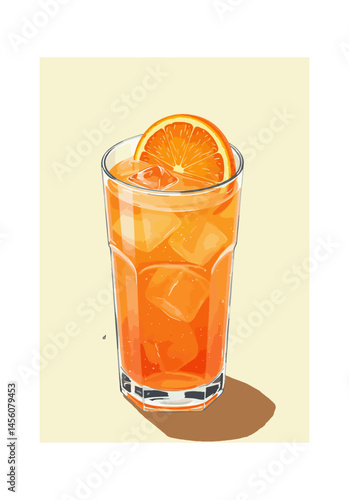 A glass of classic vodka screwdriver cocktail containing orange juice, ice cubes, and garnished with a fresh orange slice