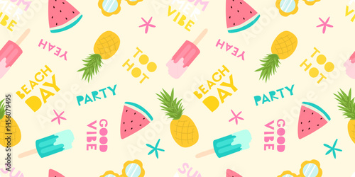 Seamless summer pattern with tropical fruits, ice creams, and fun lettering. Bright and playful background for kids and beach-themed designs, ads, banner