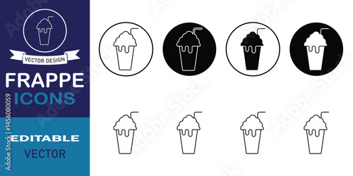 Frappe line and glyph icon set. Flat or line illustration of frappe icons for web design. Plastic cup with lid and straw. Frappe icons for drinks isolated on white background. Vector illustration.