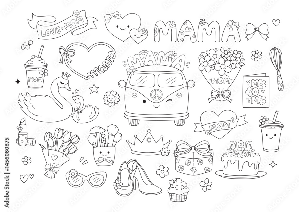 Obraz premium Happy Mother s Day with Retro and Trendy Mom Life Doodle Cartoon Style Hand Drawn Elements Outline Vector