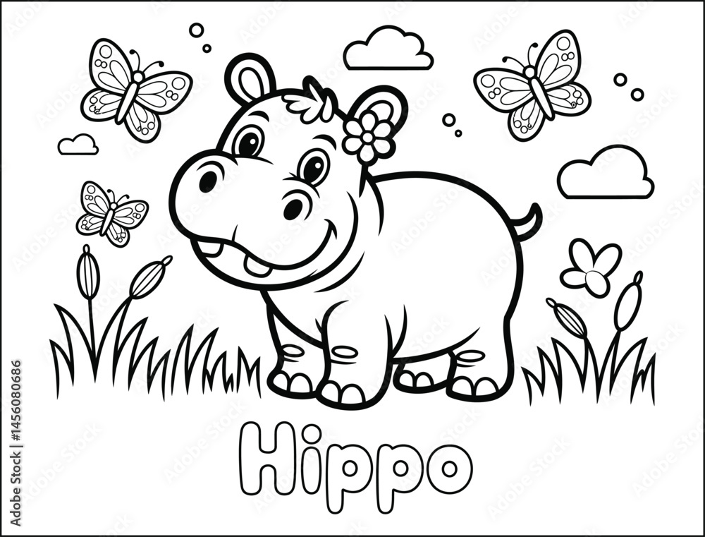 Obraz premium Adorable Baby Hippo Coloring Page with Butterflies
